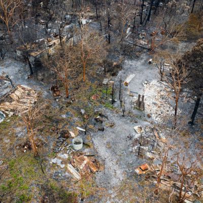 An aerial view of a fire-affected location.