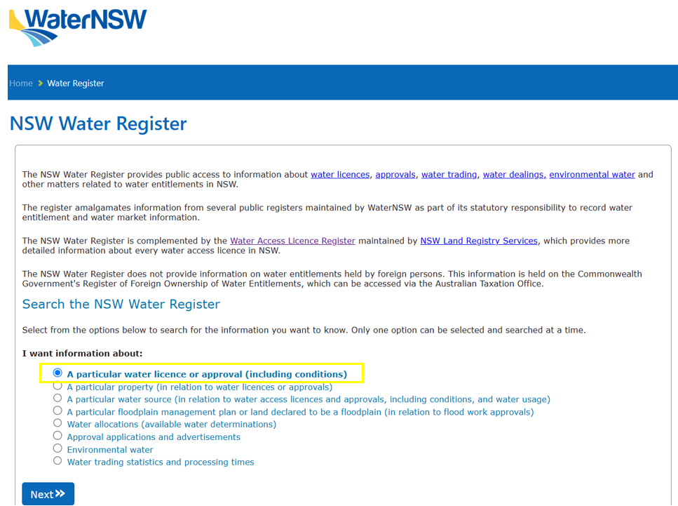 NSW Water Register step one