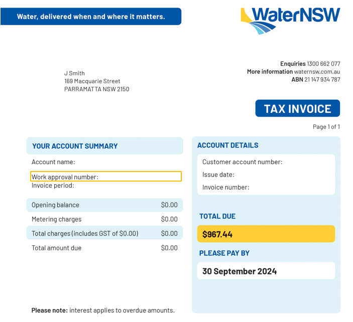 Mock bill showing where to find your work approval number